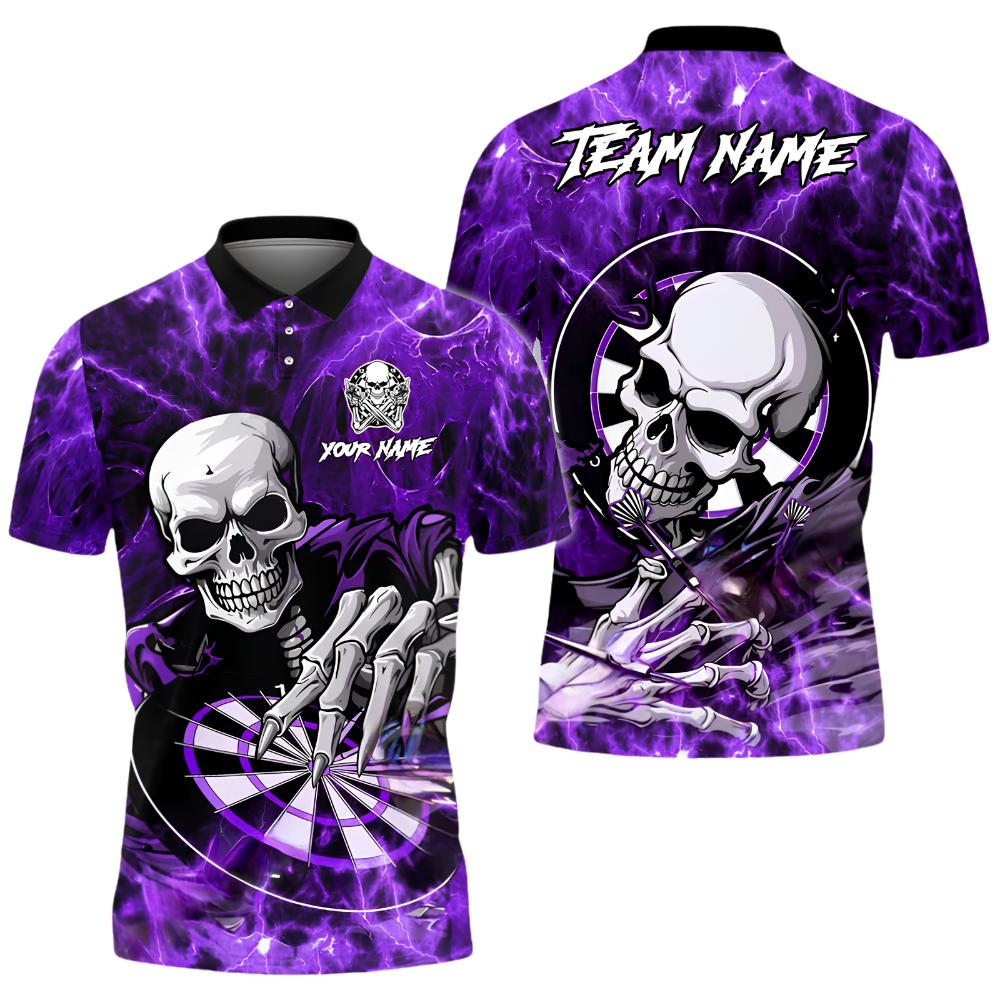 Custom Skull Blue Flame Darts Polo Shirt For Men, Custom Skull Darts Team Shirt DZ0171