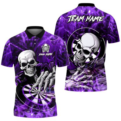 Custom Skull Blue Flame Darts Polo Shirt For Men, Custom Skull Darts Team Shirt DZ0171