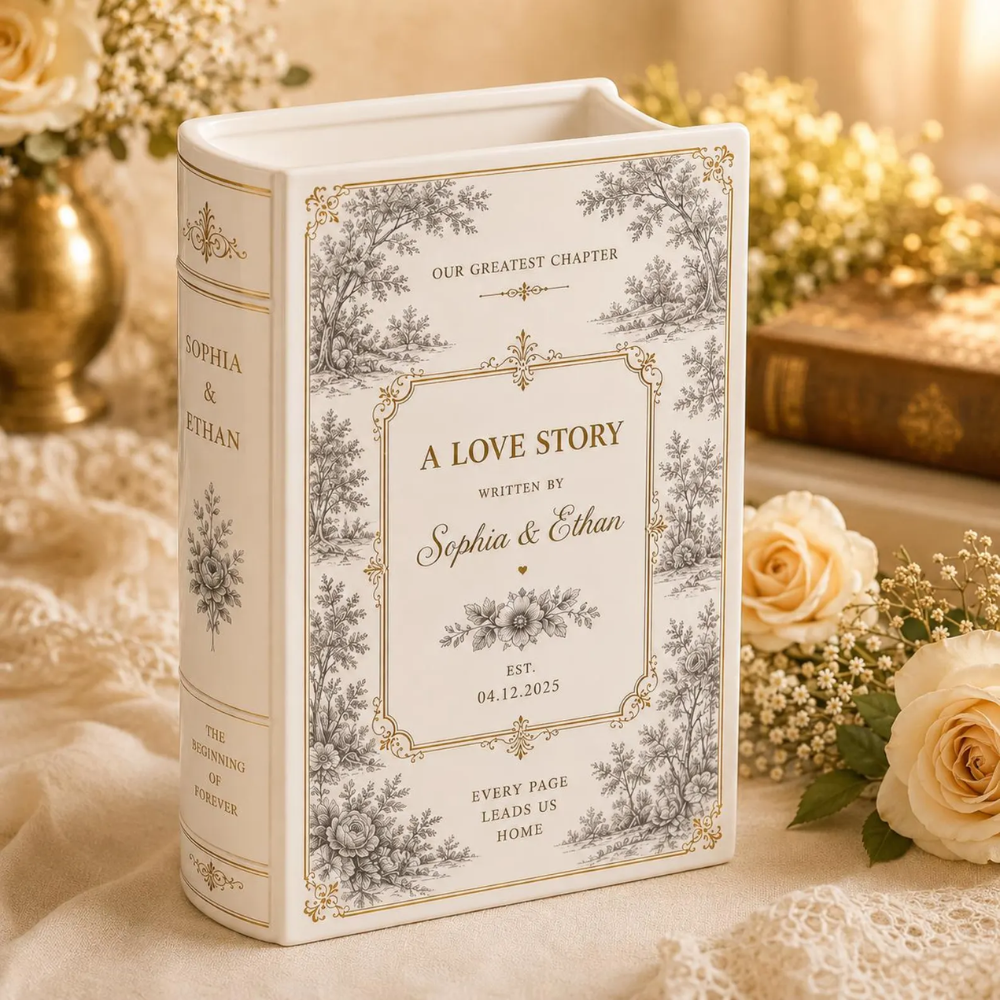 Custom Wedding Toile De Jouy Ceramic Book Vase, Custom Wedding Engagement Book Vase WD0603