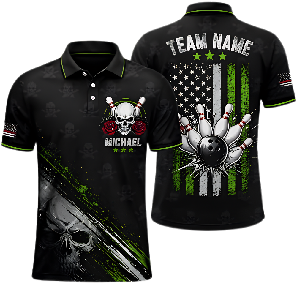Skull American Flag Custom Mens Bowling Polo Shirt, Custom Skull Bowling Shirt For Team BZ0953