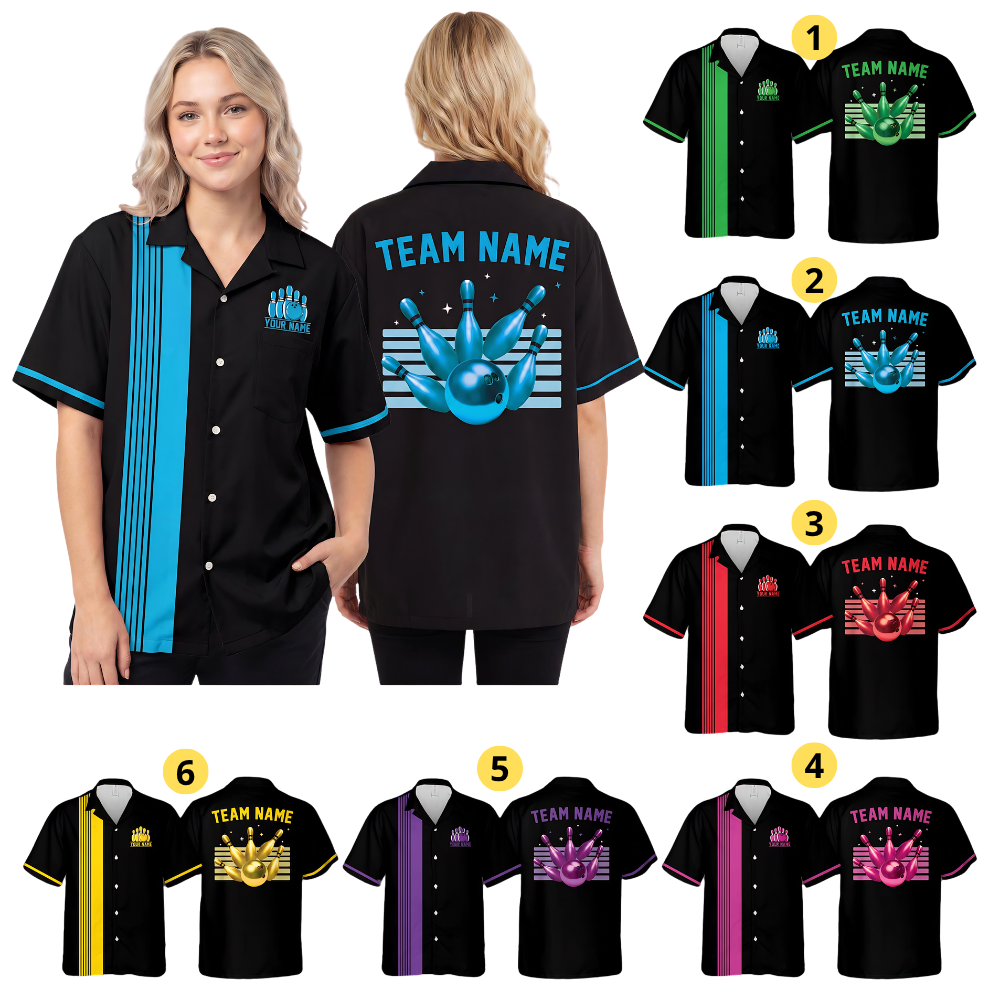 Custom Neon Blue Vintage Bowling Hawaiian Shirt Men, Custom Team Bowling Shirt BE0252