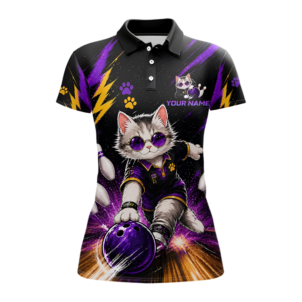 Custom Cat Cute Womens Bowling Polo Shirt, Custom Cat Team Bowling Shirt For Ladies BZ0891