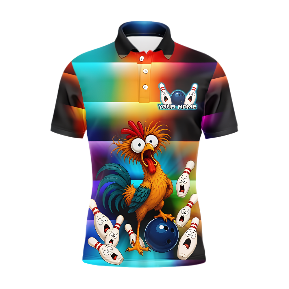 Funny Rooster Custom Rainbow Bowling Polo Shirt Men, Custom Chicken Bowling Team Shirt BZ0890