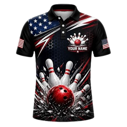 Custom USA Flag Bowling Men Polo Shirt Black, Custom Patriotic Bowling Shirt Team BZ0869