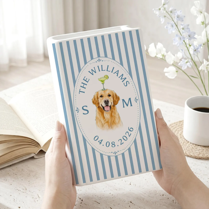 Custom Dog Photo Wedding Striped Ceramic Book Vase, Custom Wedding Book Vase With Pet Picture WD0626