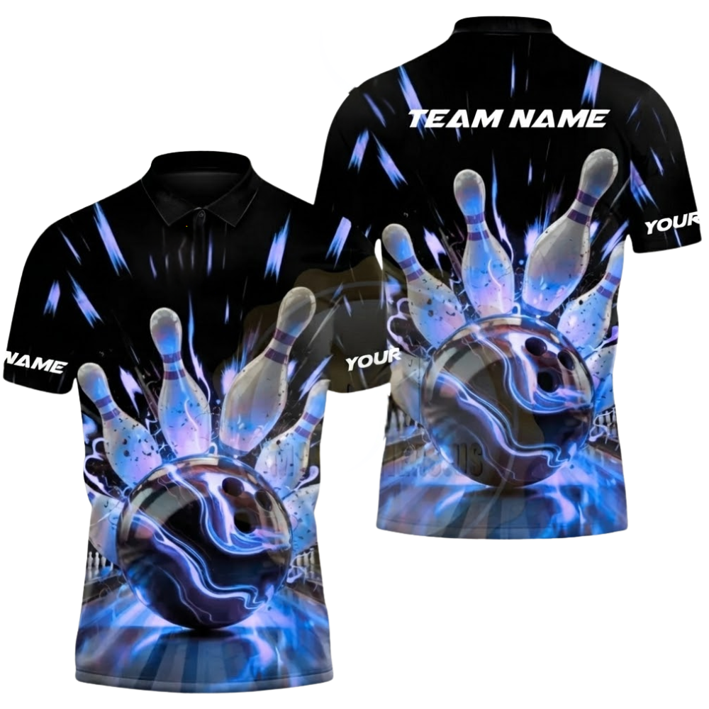 Custom Flame Orange Black Bowling Polo Shirt For Men, Custom Flame Bowling Shirts Team BZ0553