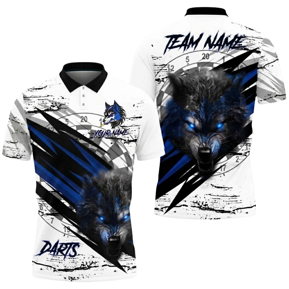 Custom Mens Wolf Dart Polo Shirt Purple And White, Custom Wolf Darts Team Shirt DZ0128