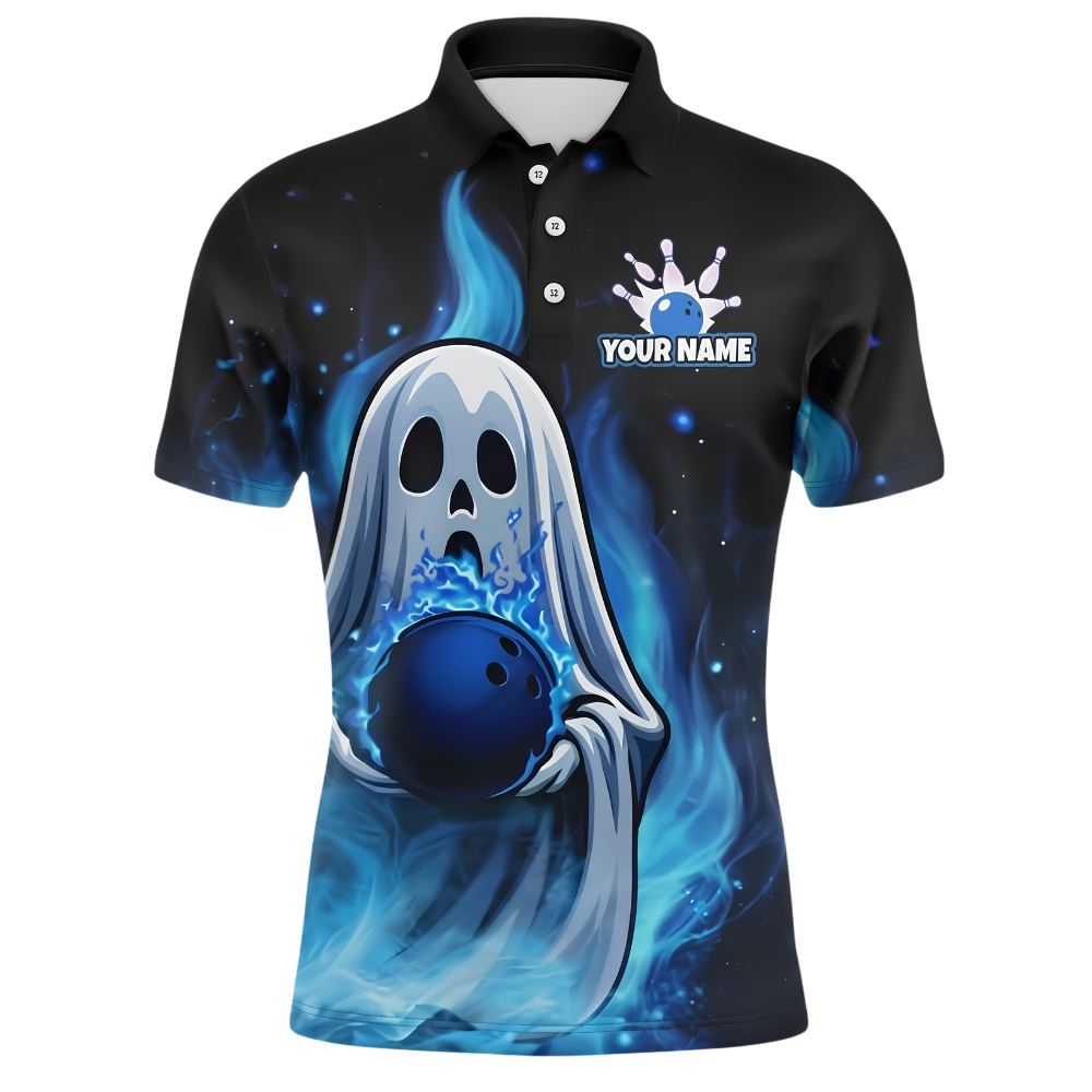 Custom Ghost Blue Flame Bowling Mens Polo Shirt, Custom Halloween Bowling Team Shirt BZ1006