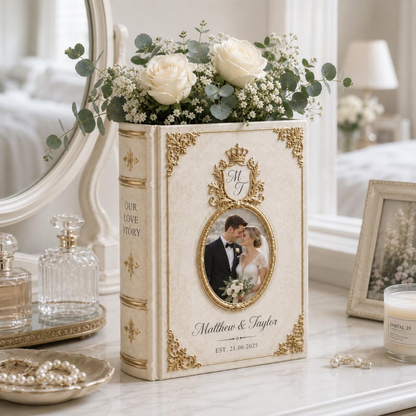 Custom Photo Royal Crown Wedding Ceramic Book Vase, Custom Wedding Book Vase With Picture WD0647