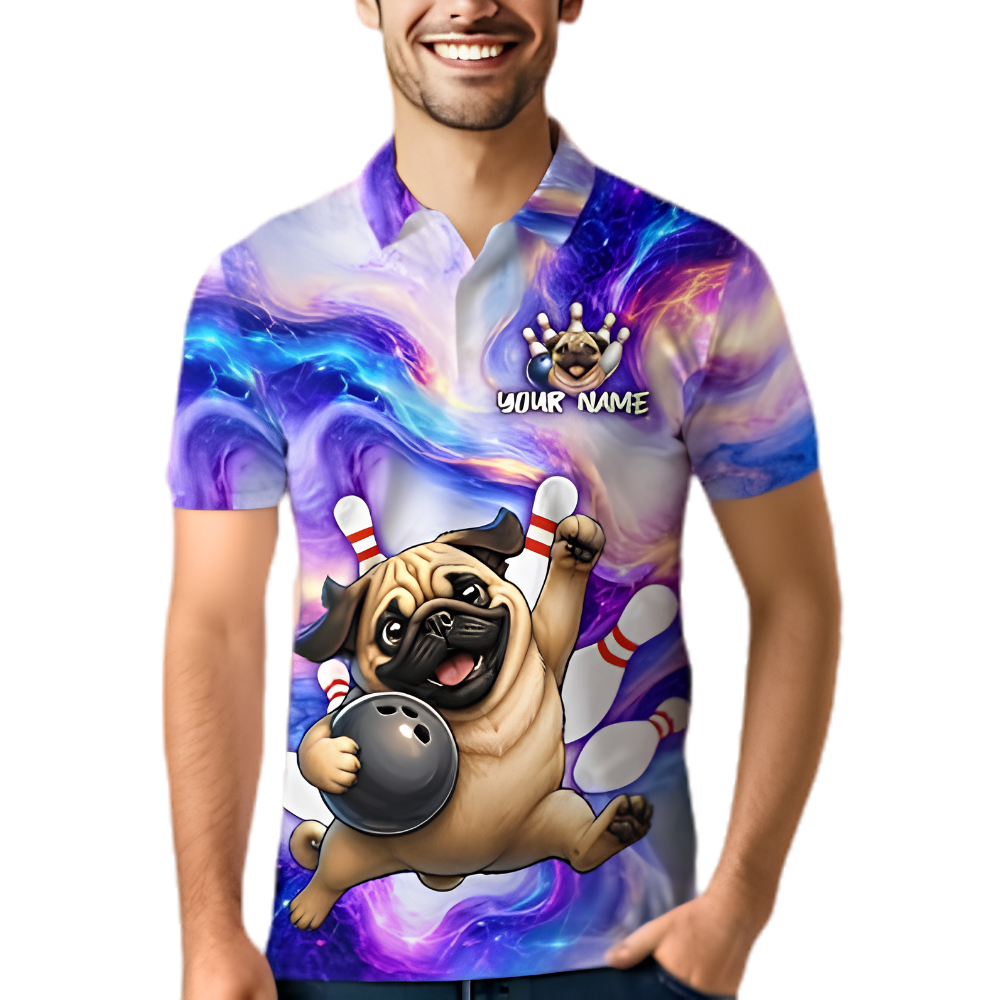 Custom Bulldog Mens Bowling Polo Shirt Galaxy, Custom Dog Team Bowling Shirts BZ0885