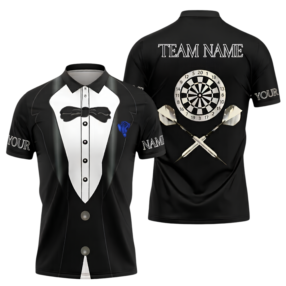 Custom Tuxedo Black White Darts Men Polo Shirt, Custom Tuxedo Darts Team Shirt DZ0170