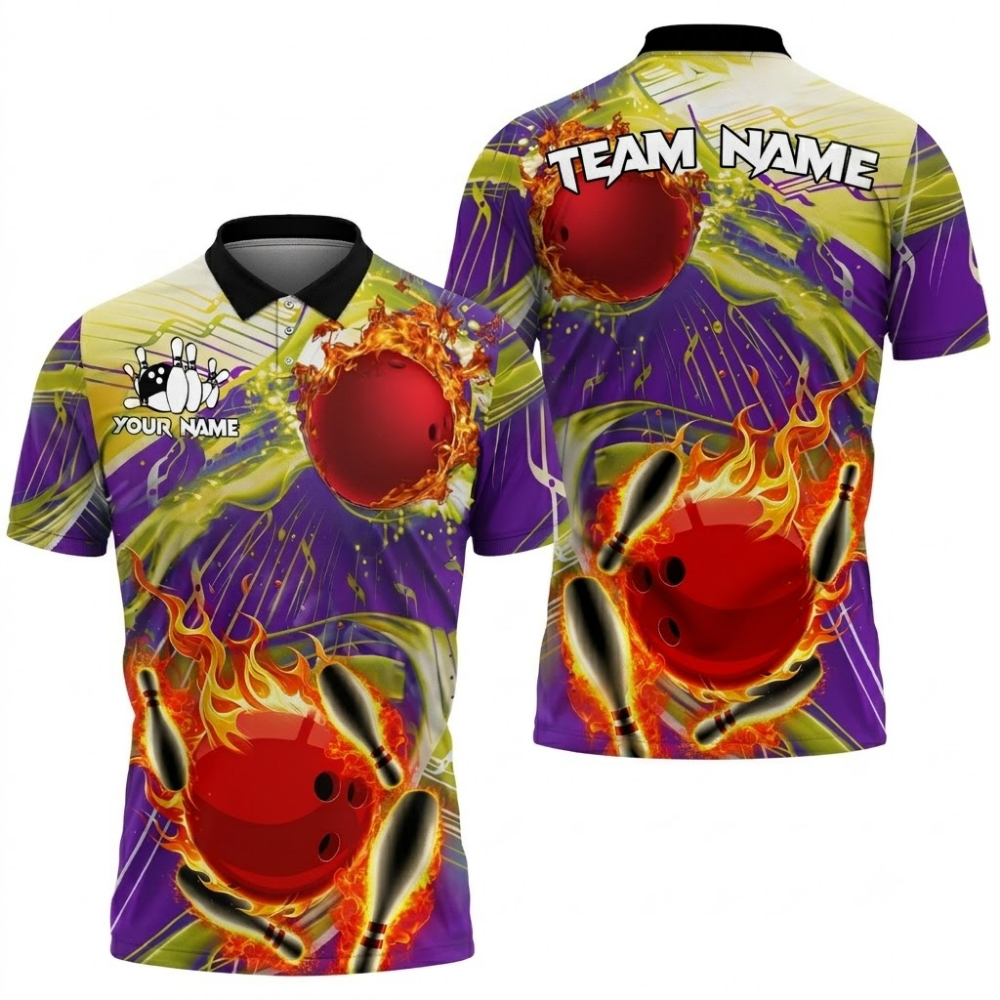 Fire Pins And Ball Custom Bowling Polo Shirt For Men, Custom Flame Bowling Team Shirts BZ0733