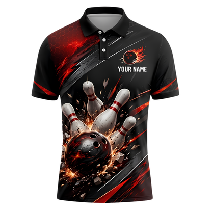 Custom Red Flaming Ball Bowling Polo Shirt For Men, Custom Flame Bowling Team Shirts BZ0916