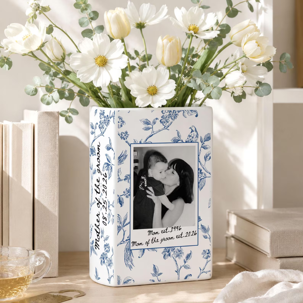 Custom Photo Mother of The Groom Toile De Jouy Ceramic Book Vase, Custom Wedding Book Vase For Mother Of The Groom WD0634
