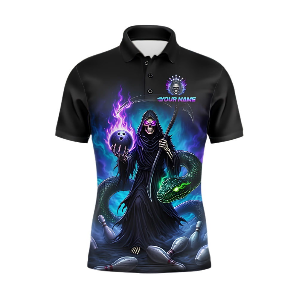 Skeleton Snake Custom Mens Bowling Polo Shirt, Custom Team Skull Bowling Shirts BZ0915