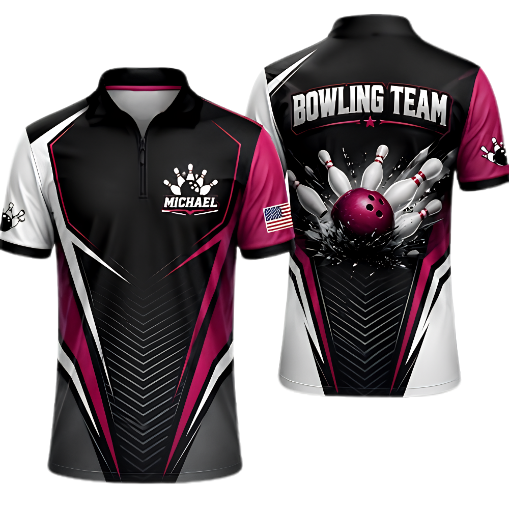 Custom Team Black Red Bowling Jersey, Men's Custom Bowling Shirt BZ0872