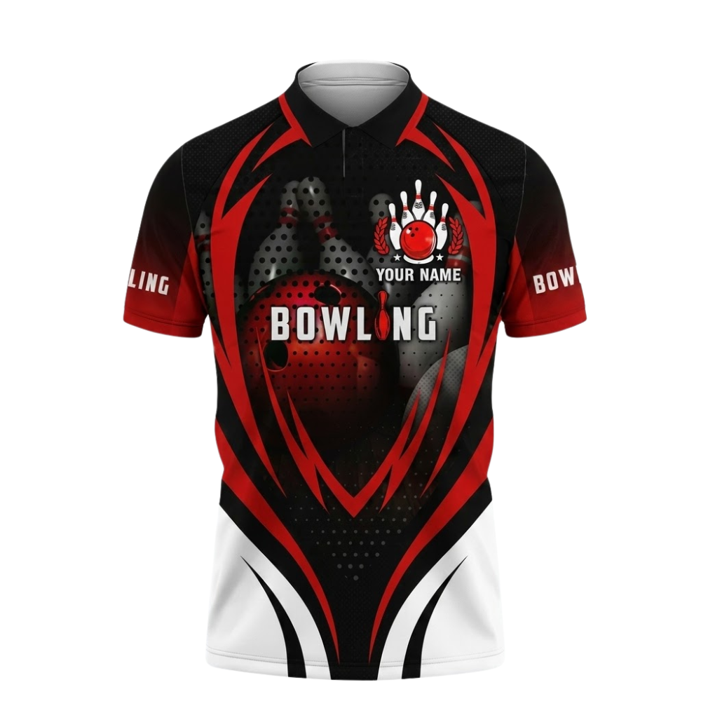 Custom Mens Bowling Polo Shirt Black And Red, Custom Bowling Shirts BZ0837