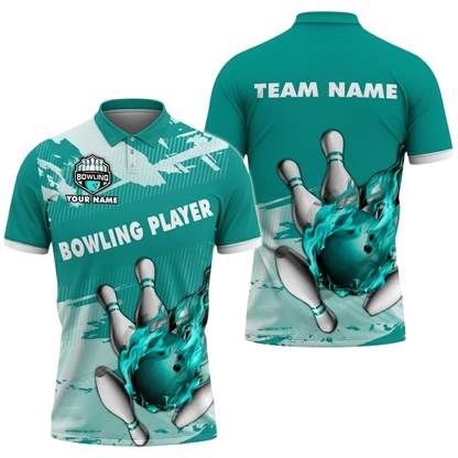 Custom Blue Flame Bowling Player Polo Shirt, Custom Flame Bowling Shirt Team BZ0827