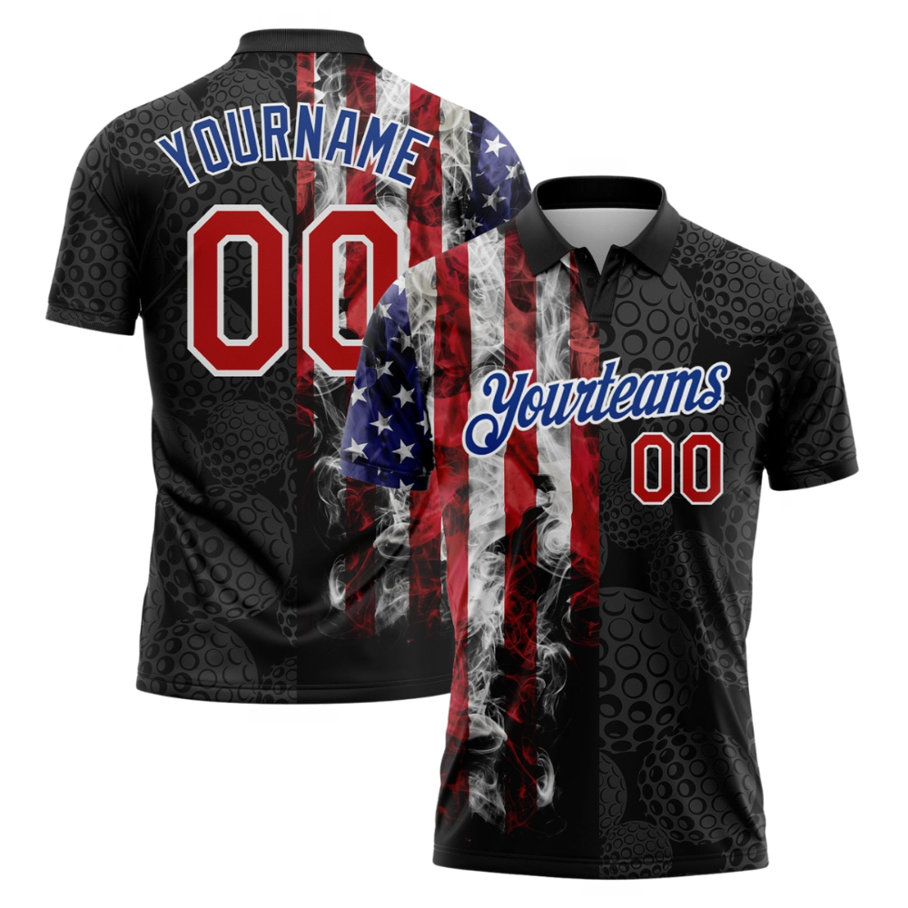 Custom Team USA Flag Golf Ball Pattern Black Golf Polo Shirt For Men, Customized Patriotic Golf Shirt GZ0408
