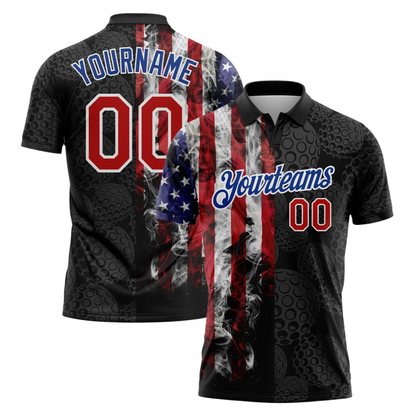 Custom Team USA Flag Golf Ball Pattern Black Golf Polo Shirt For Men, Customized Patriotic Golf Shirt GZ0408