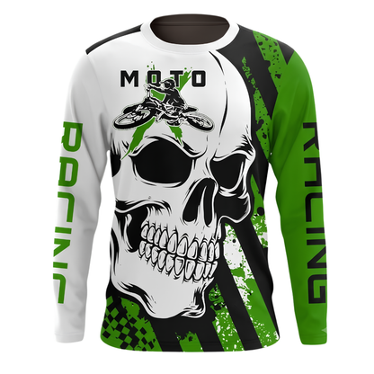 Custom Skull Rider Men's Green Motocross Long Sleeve Jersey, Custom Skull Dirt Bike Shirts MZ0137