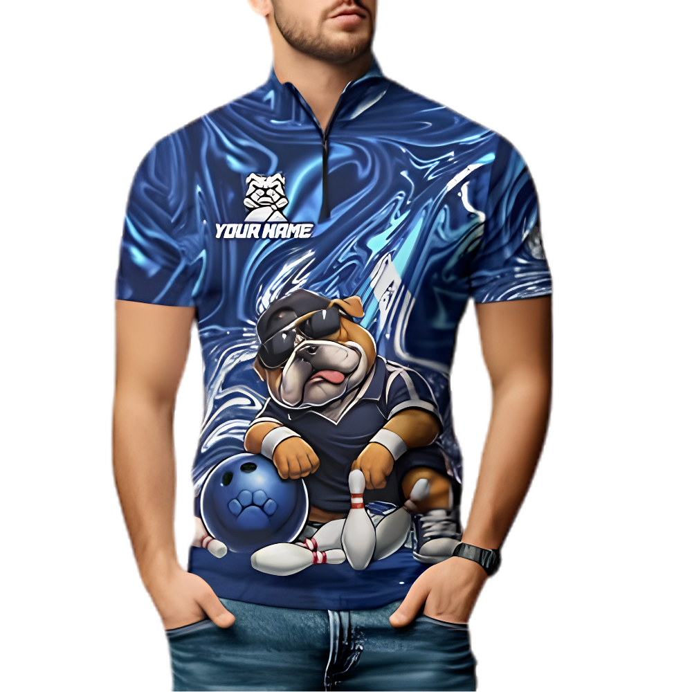Bulldog Custom Mens Blue Bowling Jersey, Custom Bulldog Bowling Team Shirt BZ0884
