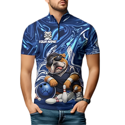Bulldog Custom Mens Blue Bowling Jersey, Custom Bulldog Bowling Team Shirt BZ0884