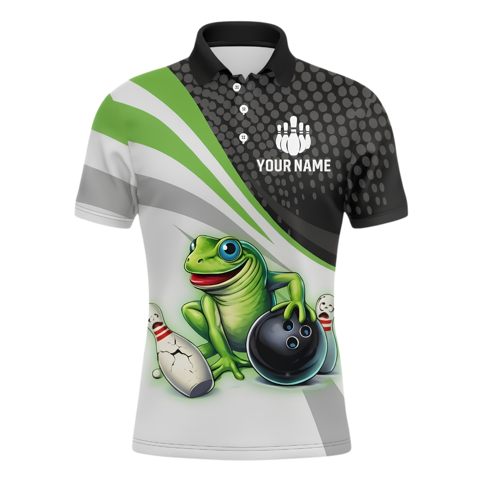 Funny Frog Custom Mens Green Bowling Polo Shirt, Custom Frog Team Bowling Shirt BZ1003
