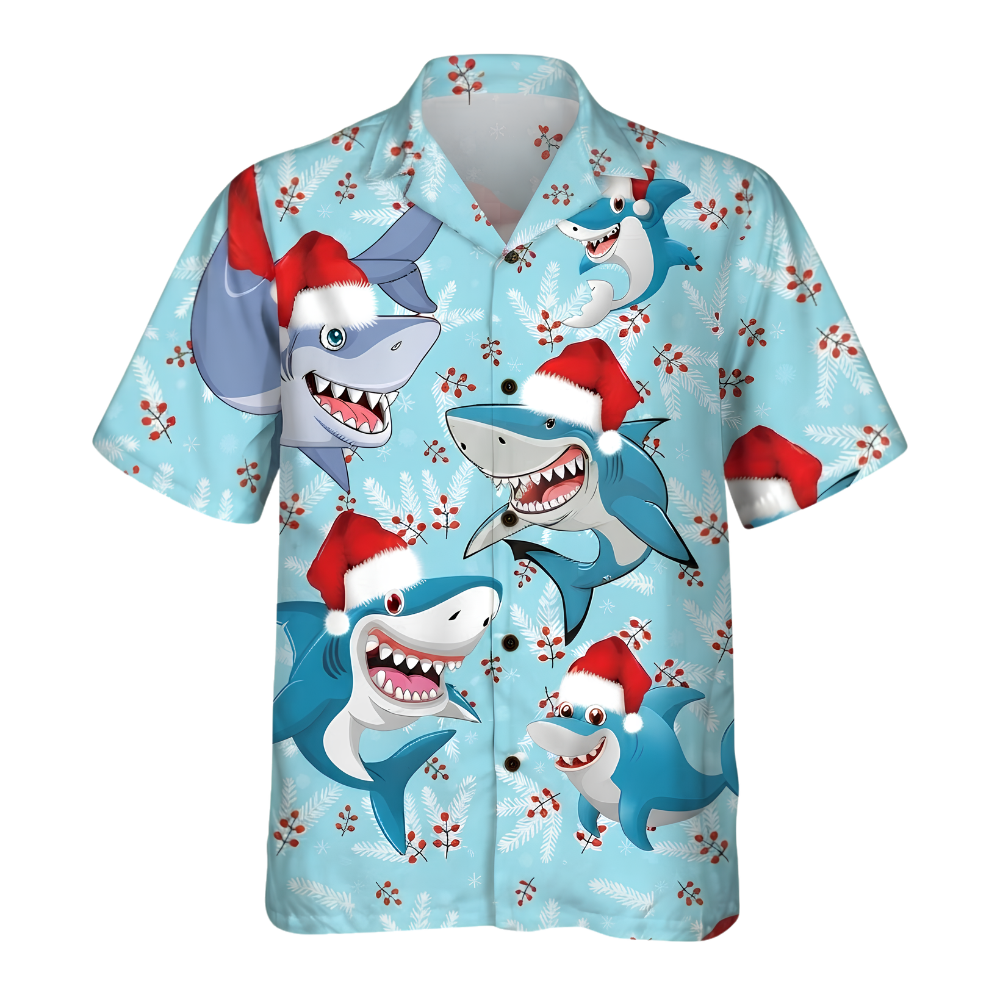 Funny Shark Christmas Hat Hawaiian Shirt For Men Women, Shark Lover Hawaiian Shirt For Christmas HE0806