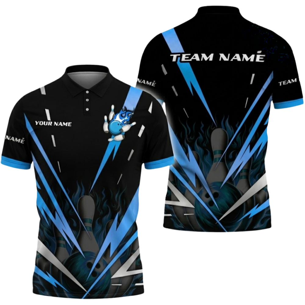 Custom Team Black And Cyan Bowling Polo Shirt For Men, Custom Bowling Shirts BZ0554