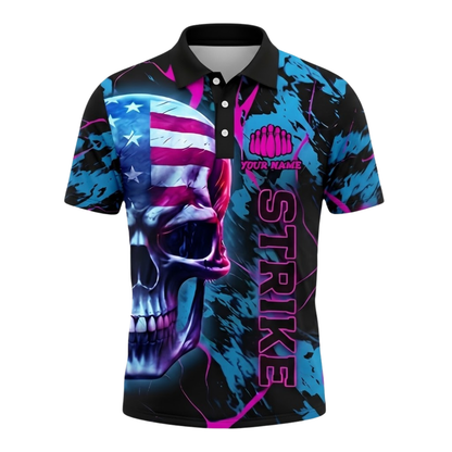 Custom Skull USA Flag Bowling Polo Shirt Men, Custom Skull Bowling Team Shirt BZ0874