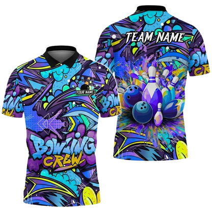 Custom Team Colorful Graffiti Bowling Crew Polo Shirt Mens, Custom Graffiti Bowling Team Shirts BZ0857