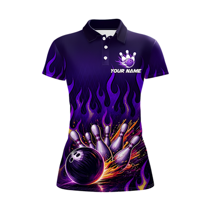 Women's Custom Flaming Purple Bowling Polo Shirt, Custom Flame Bowling Team Shirt For Ladies BZ0913
