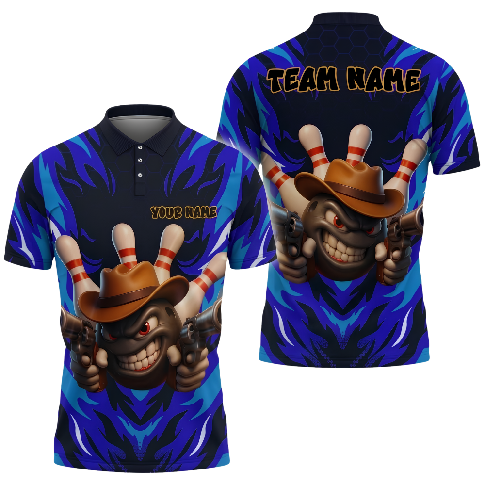 Custom Cowboy Ball Flame Bowling Men Polo Shirt, Custom Western Team Bowling Shirt BZ1023