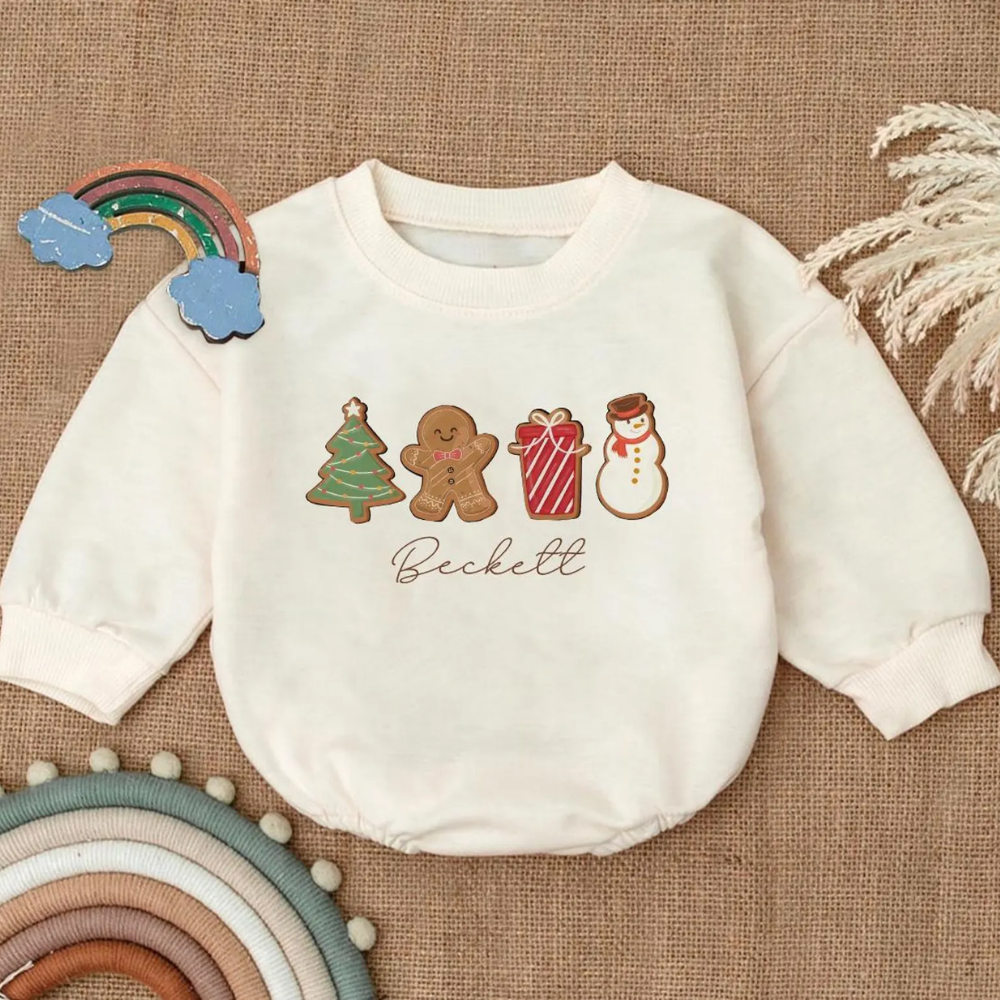Personalized Cute Gingerbread Snowman Baby Romper Sweatshirt, Custom Christmas Baby Romper Sweatshirt BB0097