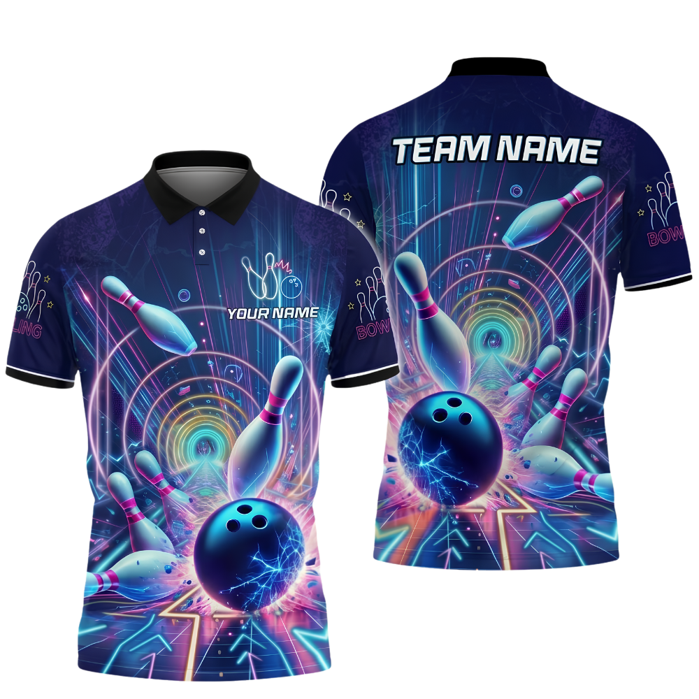Custom Team Neon Blue Lightning Bowling Polo Shirt For Men, Custom Bowling Team Shirt BZ1015