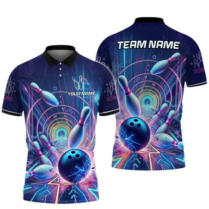 Custom Team Neon Blue Lightning Bowling Polo Shirt For Men, Custom Bowling Team Shirt BZ1015