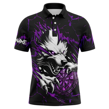 Custom Wolf Purple Grunge Darts Polo Shirt For Men, Custom Wolf Darts Team Shirt DZ0154