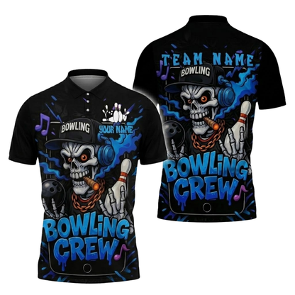 Custom Skeketon DJ Bowling Crew Polo Shirt For Men, Custom Skull Bowling Team Shirts BZ0833