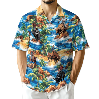 Bull Riding Cowboy Tropical Mens Hawaiian Shirt, Cowboy Western Hawaiian Shirt HE0763