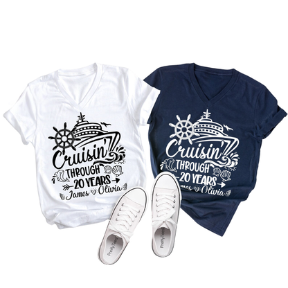 Cruisin' Through 20 Years Custom Couple Name Anniversary Matching T Shirt, Personalized Cruise Anniversary Shirt His And Her ET1274
