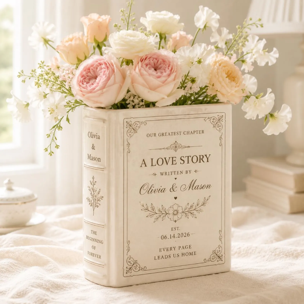 Personalized Mr & Mrs Newlyweds Ceramic Book Vase, Personalized Newlyweds Wedding Book Vase WD0600