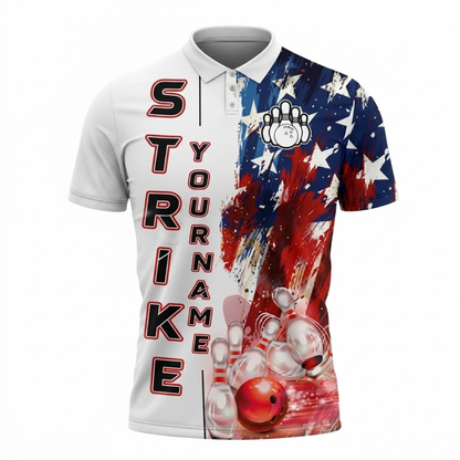 American Flag Custom White Red Blue Mens Bowling Polo Shirt, Custom Patriot Bowling Shirt For Team BZ0841