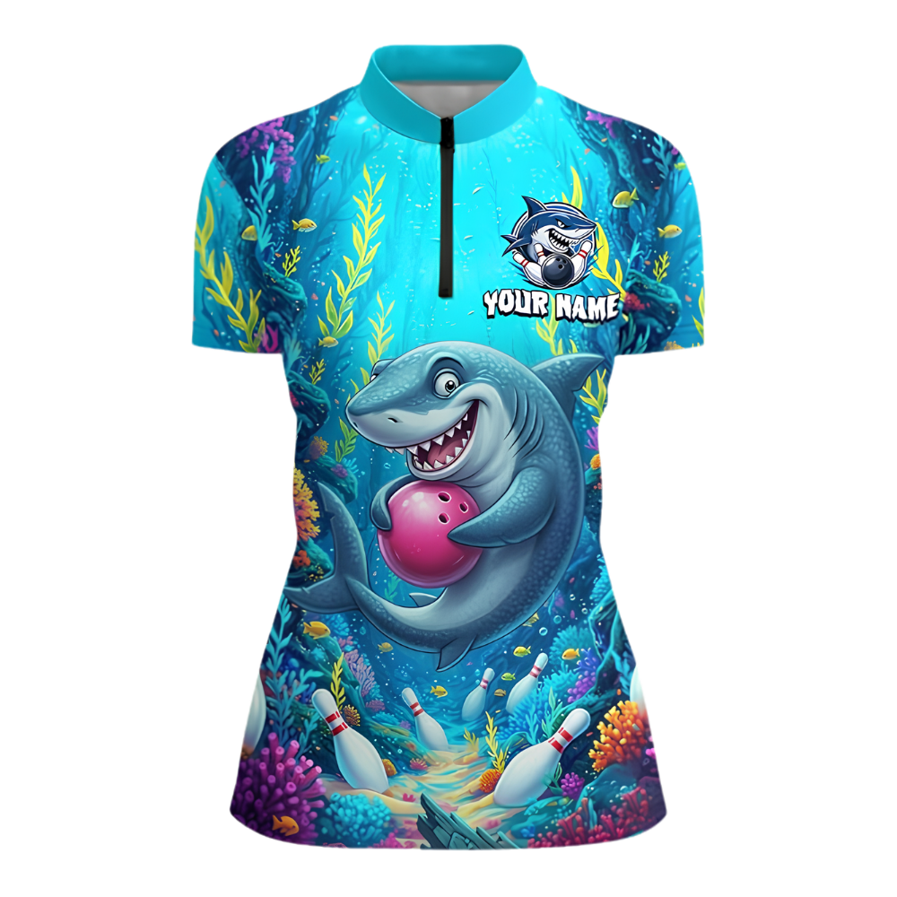 Women's Custom Funny Shark Ocean Bowling Jersey, Custom Shark Team Ladies Bowling Shirt BZ1014