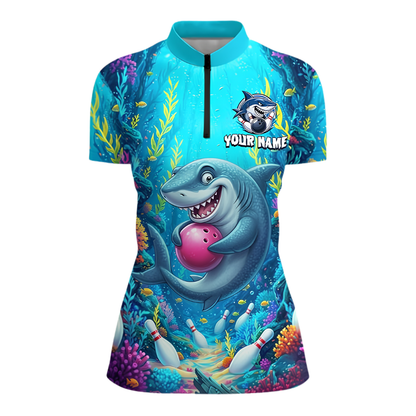 Women's Custom Funny Shark Ocean Bowling Jersey, Custom Shark Team Ladies Bowling Shirt BZ1014