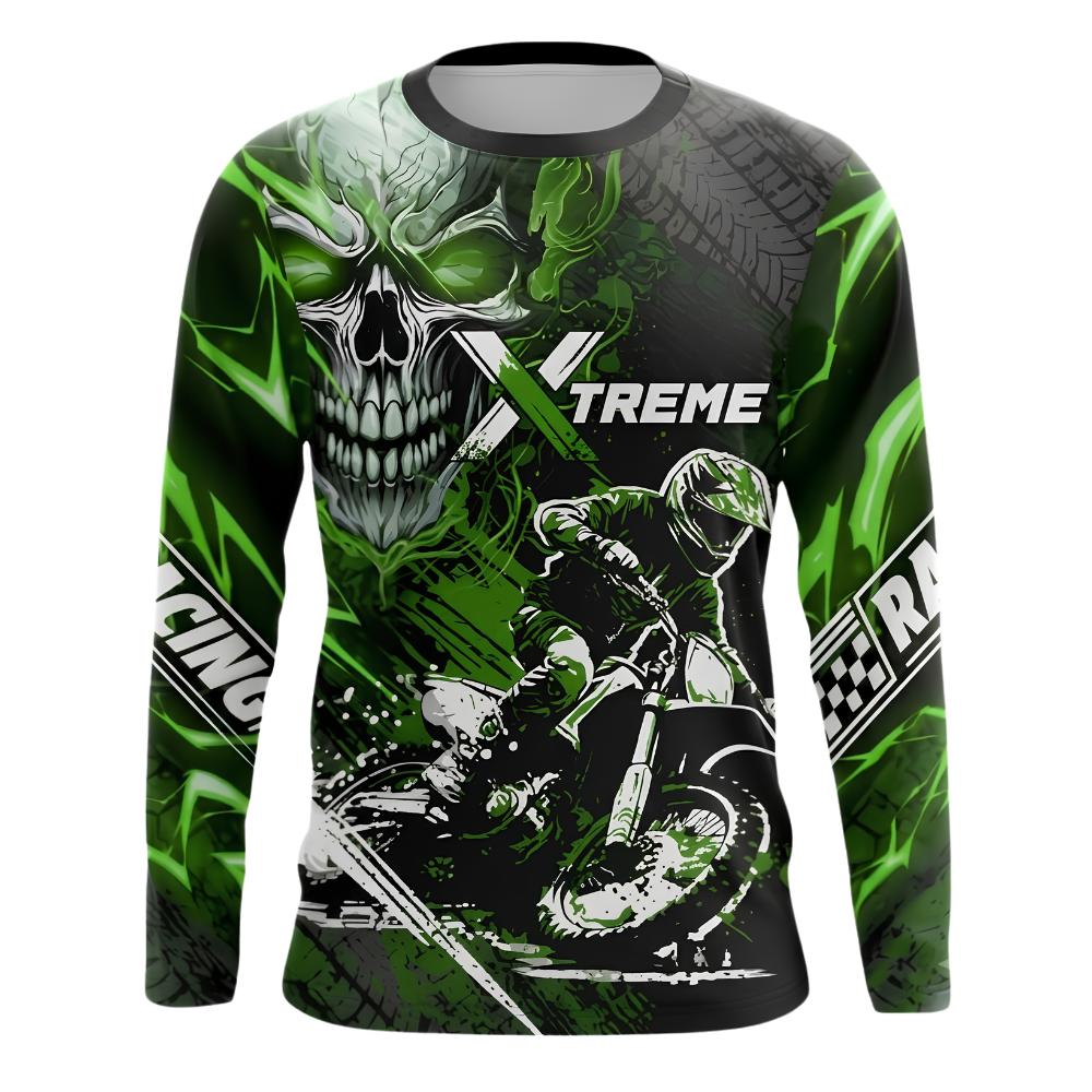 Custom Skull Rider Men's Green Black Dirt Bike Long Sleeve Racing Jersey, Custom Skull Dirt Bike Shirts MZ0140