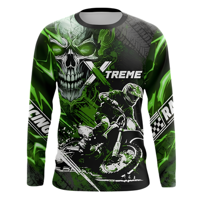 Custom Skull Rider Men's Green Black Dirt Bike Long Sleeve Racing Jersey, Custom Skull Dirt Bike Shirts MZ0140
