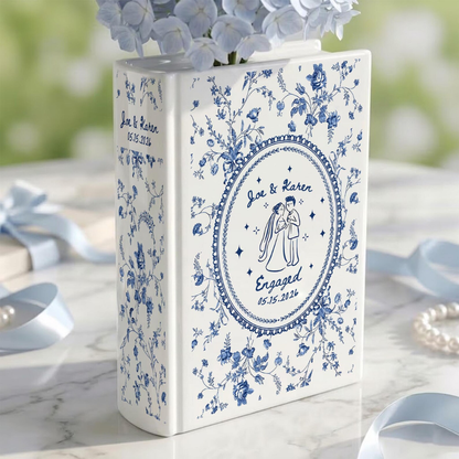 Personalized Engagement Toile De Jouy Ceramic Book Vase, Custom Engaged Book Vase WD0617