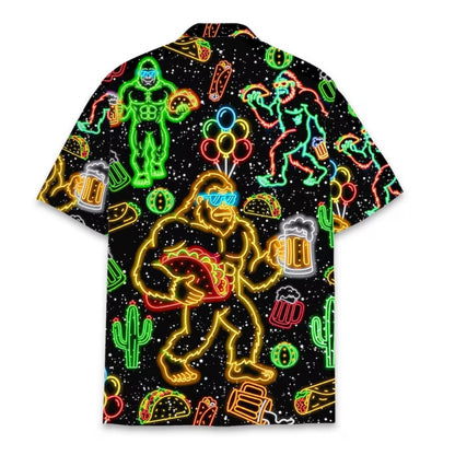 Neon Bigfoot And Beer Taco Men's Hawaiian Shirt, Sasquatch Neon Hawaiian Shirts HE0396