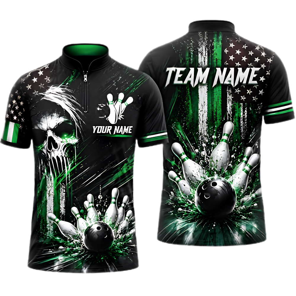 Custom Skull USA Flag Mens Bowling Jersey Black Red, Custom Skull Team Bowling Shirt BZ0954